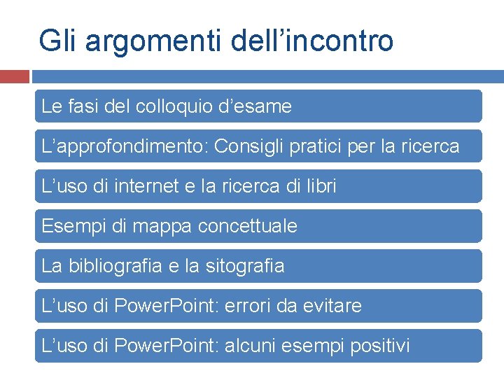 Gli argomenti dell’incontro Le fasi del colloquio d’esame L’approfondimento: Consigli pratici per la ricerca