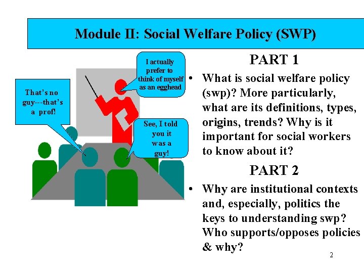Module II: Social Welfare Policy (SWP) That’s no guy---that’s a prof! I actually prefer Module II: Social Welfare Policy (SWP) That’s no guy---that’s a prof! I actually prefer