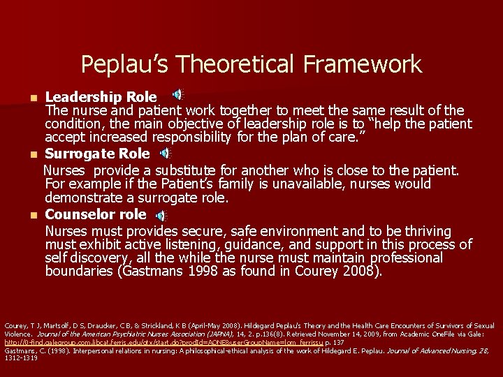 Peplau’s Theoretical Framework Leadership Role The nurse and patient work together to meet the