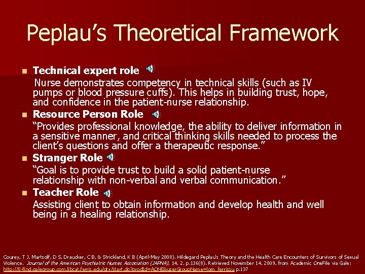 Peplau’s Theoretical Framework Technical expert role Nurse demonstrates competency in technical skills (such as