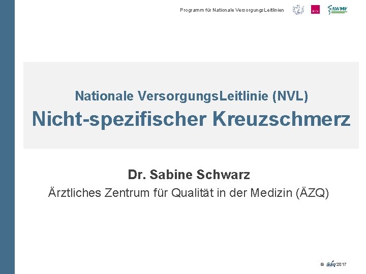 Programm für Nationale Versorgungs. Leitlinien Nationale Versorgungs. Leitlinie (NVL) Nicht-spezifischer Kreuzschmerz Dr. Sabine Schwarz