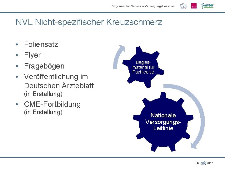 Programm für Nationale Versorgungs. Leitlinien NVL Nicht-spezifischer Kreuzschmerz • • Foliensatz Flyer Fragebögen Veröffentlichung