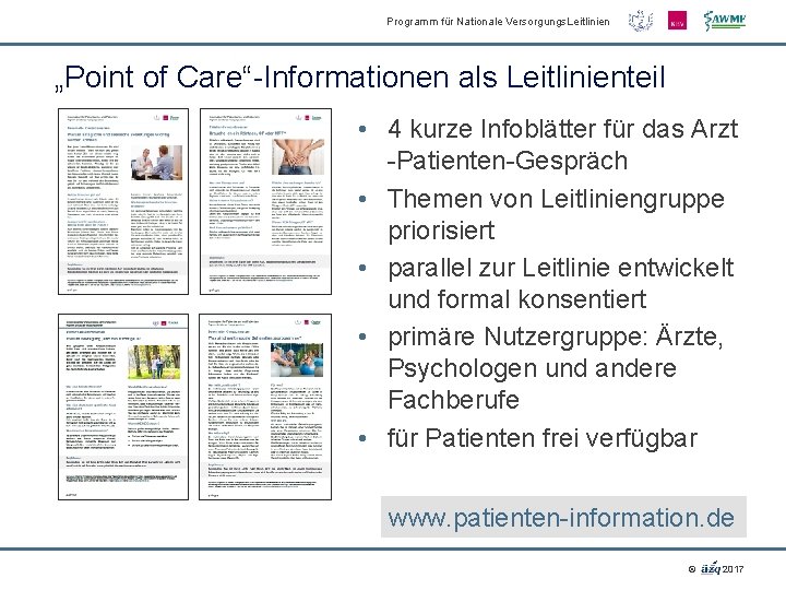 Programm für Nationale Versorgungs. Leitlinien „Point of Care“-Informationen als Leitlinienteil • 4 kurze Infoblätter