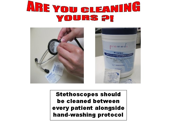 Stethoscopes should be cleaned between every patient alongside hand-washing protocol 