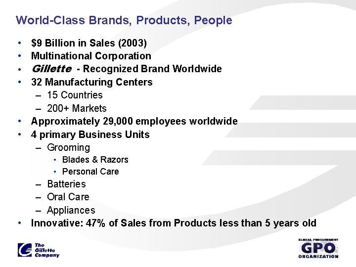 World-Class Brands, Products, People • $9 Billion in Sales (2003) • Multinational Corporation •