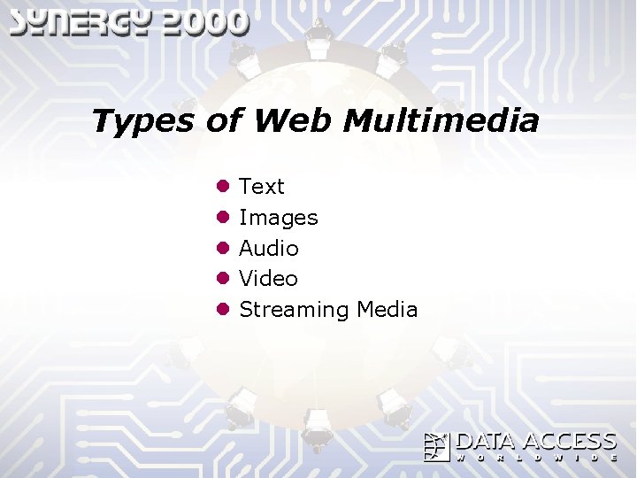 Types of Web Multimedia l l l Text Images Audio Video Streaming Media 