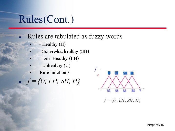 Rules(Cont. ) l Rules are tabulated as fuzzy words • • • l –