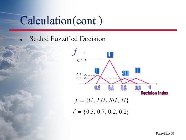 Calculation(cont. ) l Scaled Fuzzified Decision Fuzzy. Slide 20 