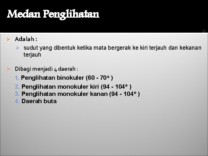 Medan Penglihatan 15 Ø Adalah : Ø sudut yang dibentuk ketika mata bergerak ke