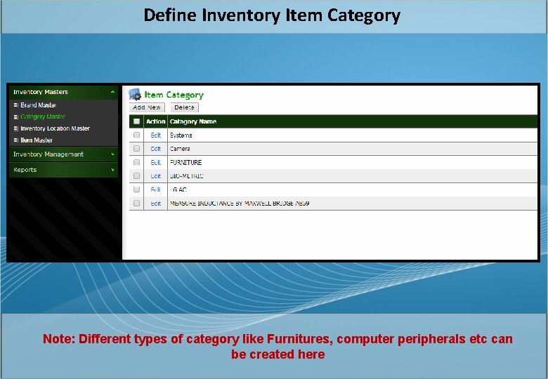 Define Inventory Item Category Note: Different types of category like Furnitures, computer peripherals etc