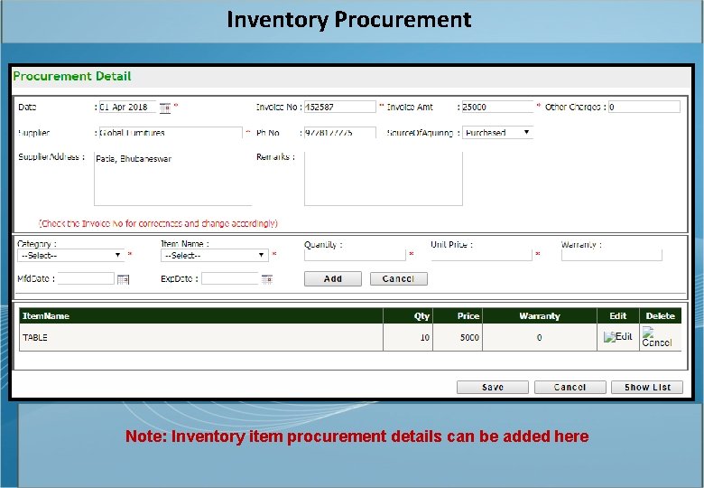 Inventory Procurement Note: Inventory item procurement details can be added here 