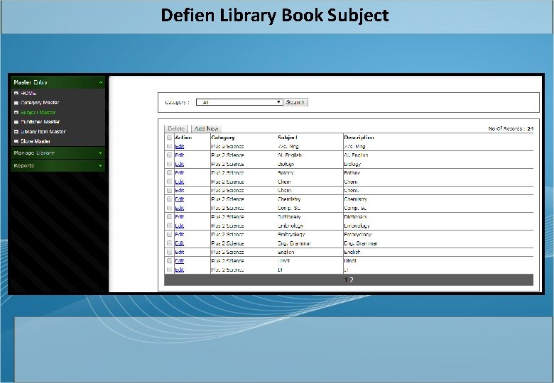 Defien Library Book Subject 