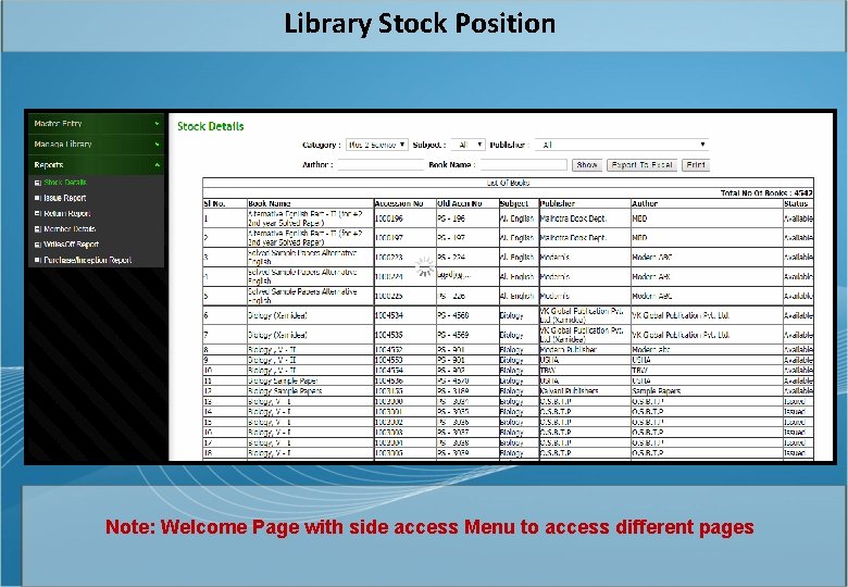 Library Stock Position Note: Welcome Page with side access Menu to access different pages