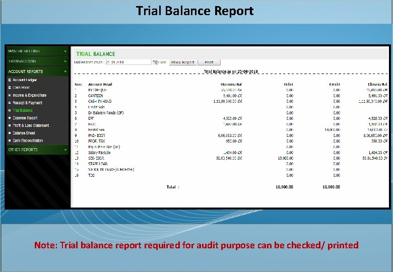 Trial Balance Report Note: Trial balance report required for audit purpose can be checked/