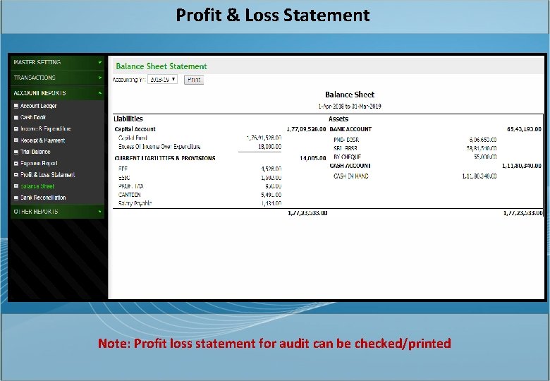 Profit & Loss Statement Note: Profit loss statement for audit can be checked/printed 