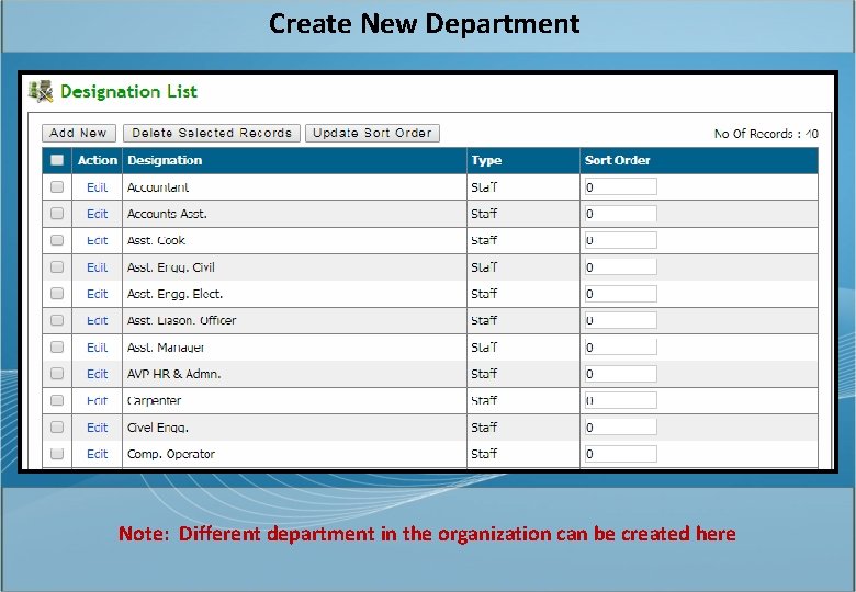 Create New Department Note: Different department in the organization can be created here 