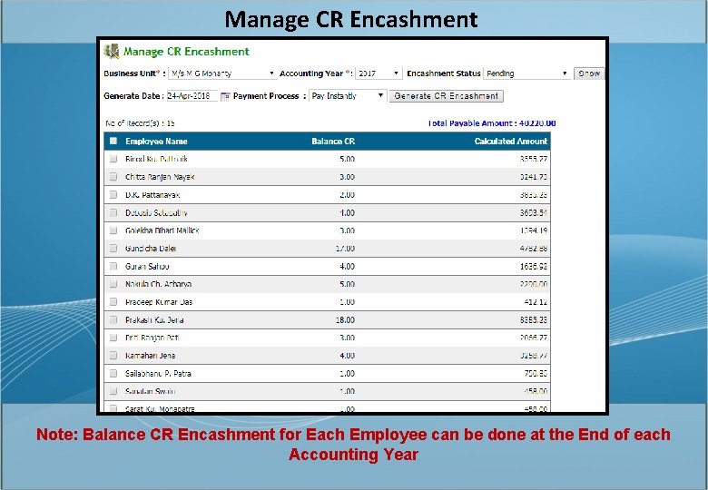 Manage CR Encashment Note: Balance CR Encashment for Each Employee can be done at