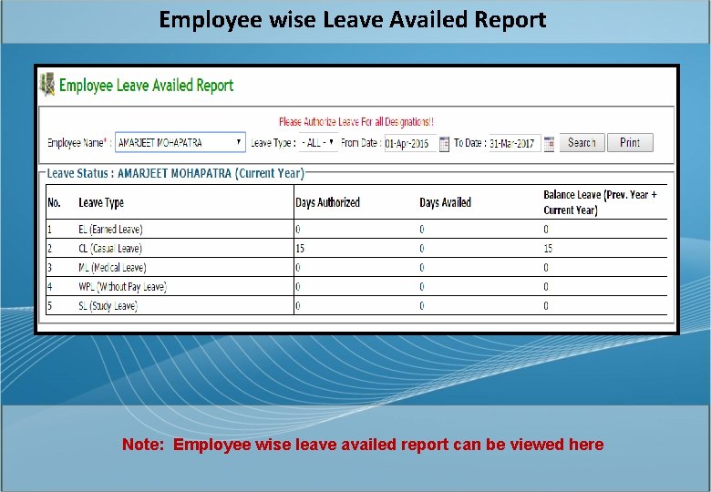 Employee wise Leave Availed Report Note: Employee wise leave availed report can be viewed