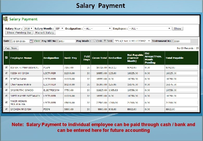 Salary Payment Note: Salary Payment to individual employee can be paid through cash /