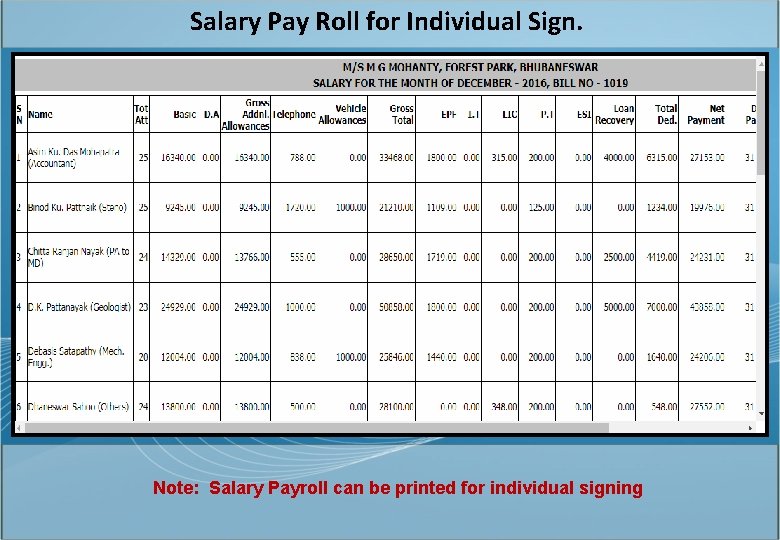 Salary Pay Roll for Individual Sign. Note: Salary Payroll can be printed for individual