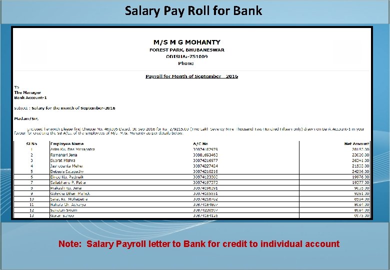 Salary Pay Roll for Bank Note: Salary Payroll letter to Bank for credit to