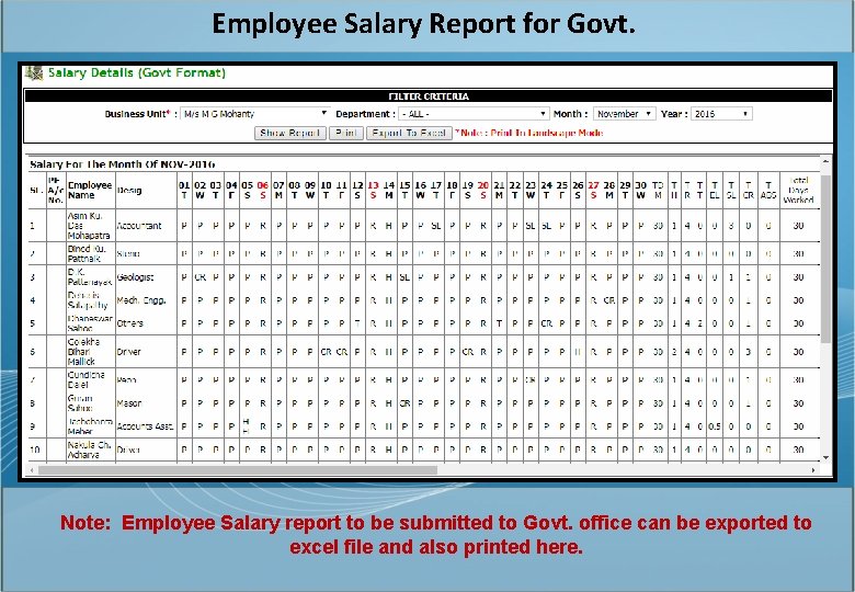 Employee Salary Report for Govt. Note: Employee Salary report to be submitted to Govt.