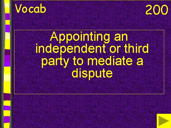 Vocab 200 Appointing an independent or third party to mediate a dispute 