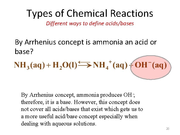 Types of Chemical Reactions Different ways to define acids/bases By Arrhenius concept is ammonia