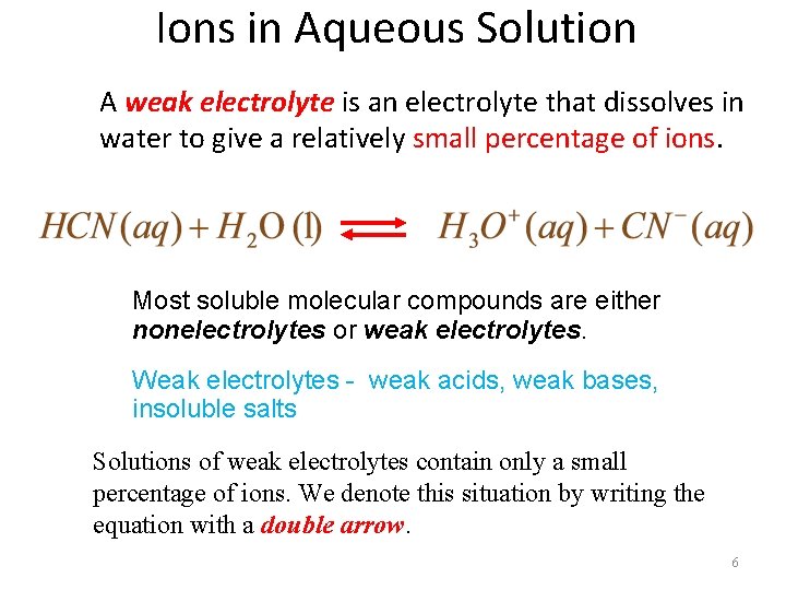 Ions in Aqueous Solution A weak electrolyte is an electrolyte that dissolves in water