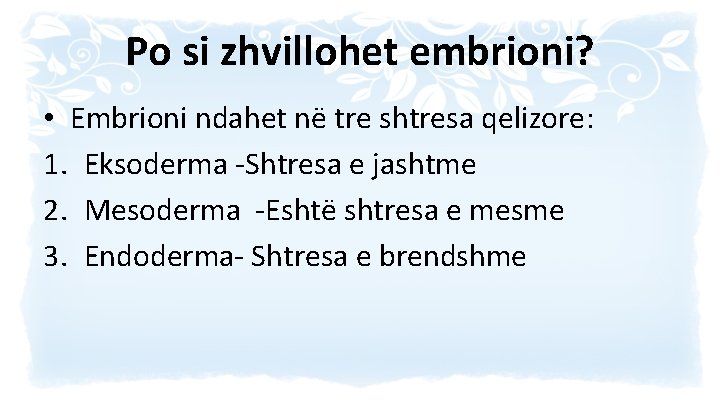 Po si zhvillohet embrioni? • Embrioni ndahet në tre shtresa qelizore: 1. Eksoderma -Shtresa