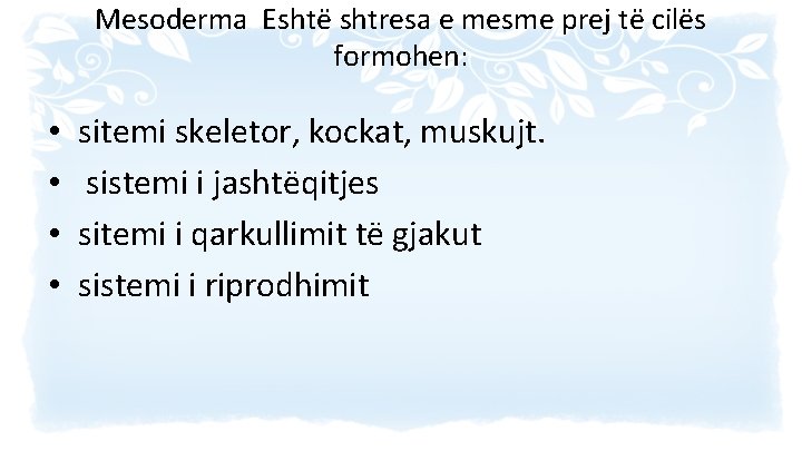 Mesoderma Eshtë shtresa e mesme prej të cilës formohen: • • sitemi skeletor, kockat,