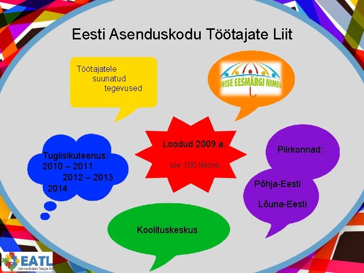 Eesti Asenduskodu Töötajate Liit Töötajatele suunatud tegevused Loodud 2009. a. Tugiisikuteenus: 2010 – 2011