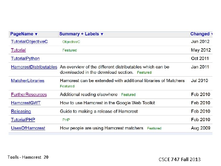 Tools - Hamcrest 20 CSCE 747 Fall 2013 