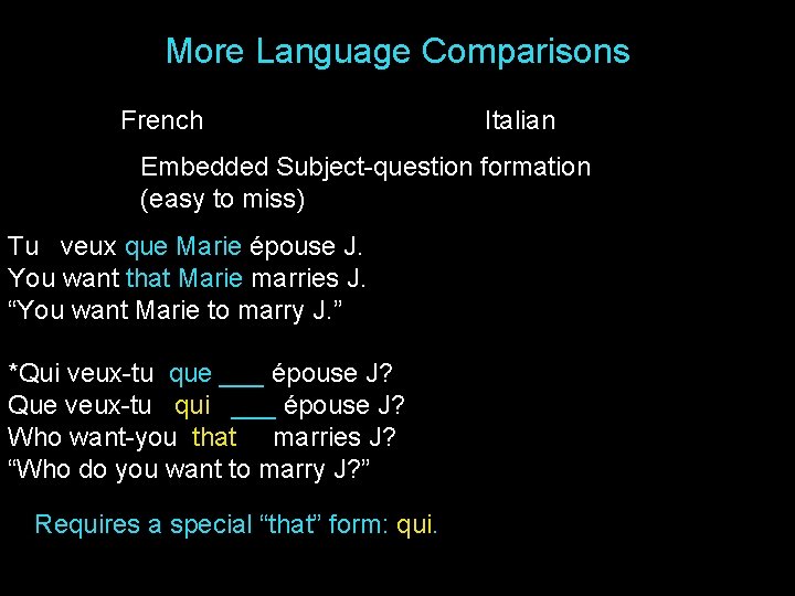 More Language Comparisons French Italian Embedded Subject-question formation (easy to miss) Tu veux que More Language Comparisons French Italian Embedded Subject-question formation (easy to miss) Tu veux que
