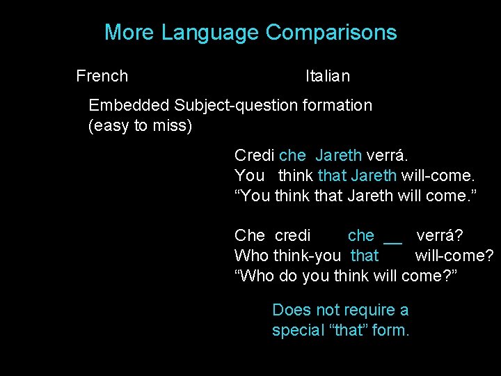 More Language Comparisons French Italian Embedded Subject-question formation (easy to miss) Credi che Jareth More Language Comparisons French Italian Embedded Subject-question formation (easy to miss) Credi che Jareth