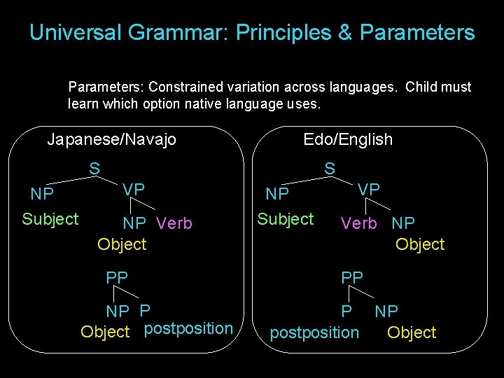Universal Grammar: Principles & Parameters: Constrained variation across languages. Child must learn which option Universal Grammar: Principles & Parameters: Constrained variation across languages. Child must learn which option
