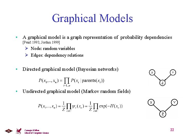 Graphical Models • A graphical model is a graph representation of probability dependencies [Pearl