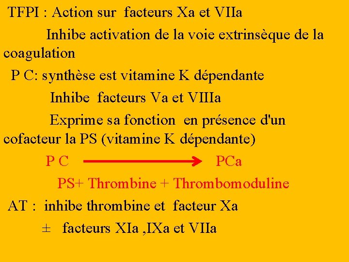 TFPI : Action sur facteurs Xa et VIIa Inhibe activation de la voie extrinsèque