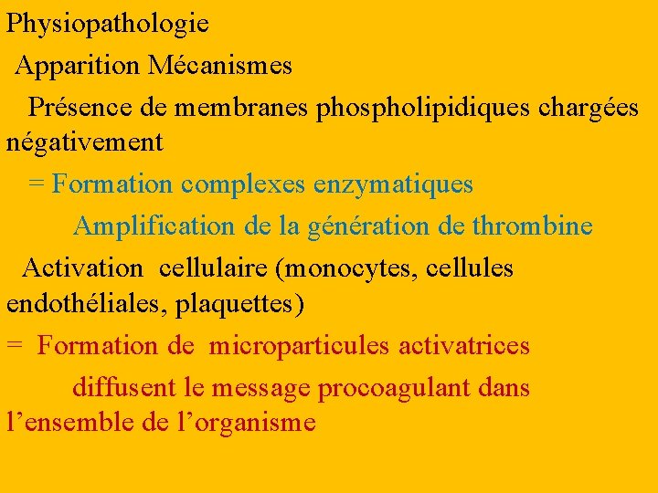 Physiopathologie Apparition Mécanismes Présence de membranes phospholipidiques chargées négativement = Formation complexes enzymatiques Amplification