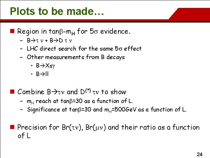 Plots to be made… n Region in tanb-m. H for 5 s evidence. –