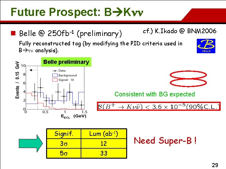 Future Prospect: B Knn n Belle @ 250 fb-1 (preliminary) cf. ) K. Ikado