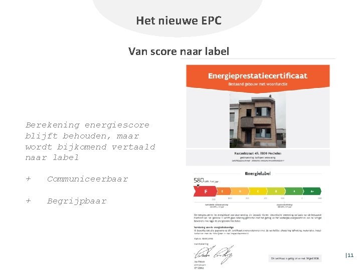 Het nieuwe EPC Van score naar label Berekening energiescore blijft behouden, maar wordt bijkomend