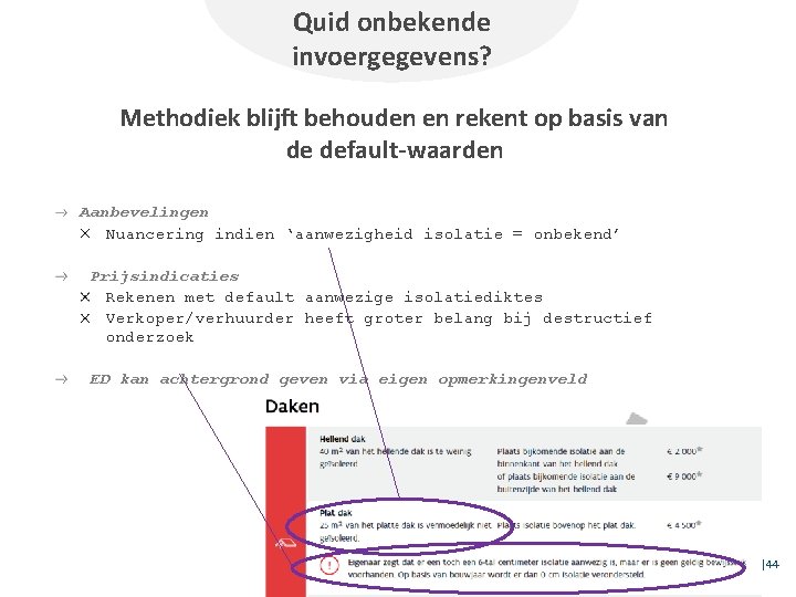 Quid onbekende invoergegevens? Methodiek blijft behouden en rekent op basis van de default-waarden Aanbevelingen