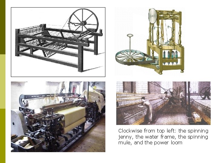 Clockwise from top left: the spinning jenny, the water frame, the spinning mule, and Clockwise from top left: the spinning jenny, the water frame, the spinning mule, and