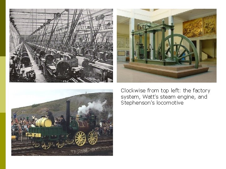 Clockwise from top left: the factory system, Watt’s steam engine, and Stephenson’s locomotive Clockwise from top left: the factory system, Watt’s steam engine, and Stephenson’s locomotive