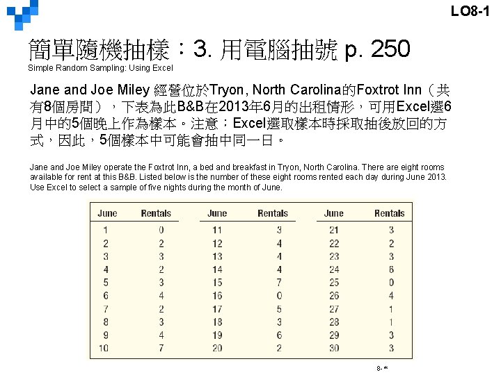 LO 8 -1 簡單隨機抽樣： 3. 用電腦抽號 p. 250 Simple Random Sampling: Using Excel Jane