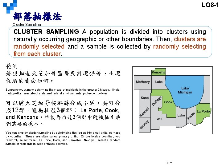 LO 8 -1 部落抽樣法 Cluster Sampling CLUSTER SAMPLING A population is divided into clusters