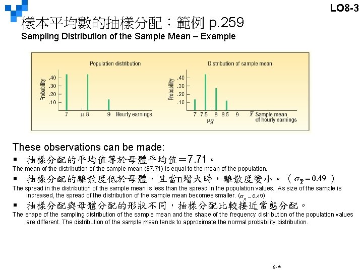 LO 8 -3 樣本平均數的抽樣分配：範例 p. 259 Sampling Distribution of the Sample Mean – Example