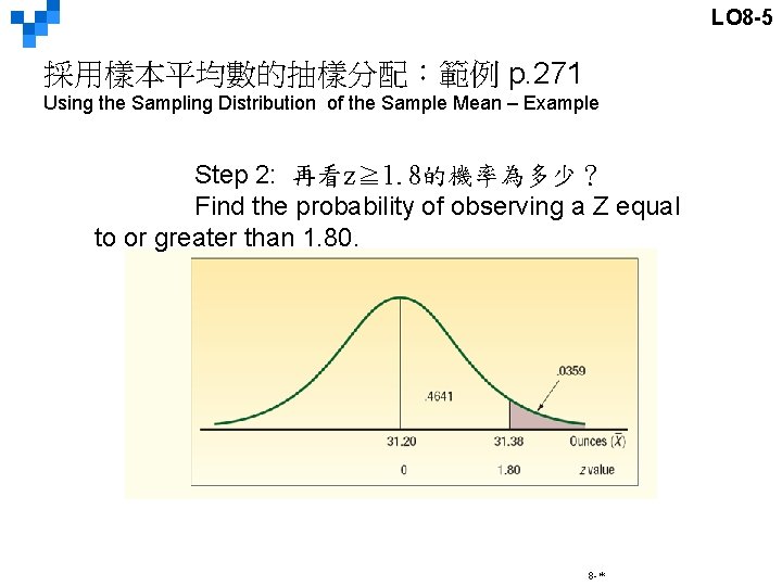 LO 8 -5 採用樣本平均數的抽樣分配：範例 p. 271 Using the Sampling Distribution of the Sample Mean