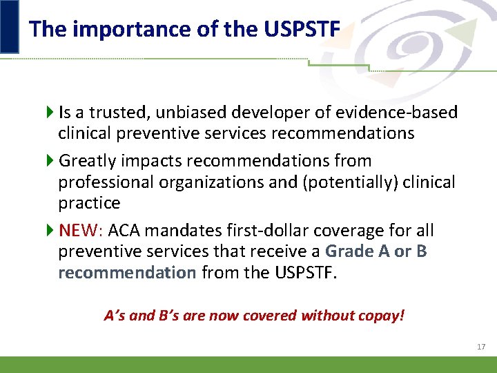 The importance of the USPSTF 4 Is a trusted, unbiased developer of evidence-based clinical